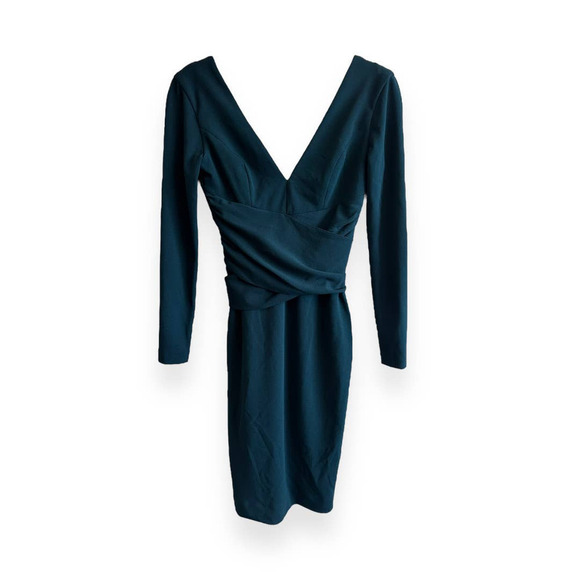 Dress the Population Long Sleeve Stretch Dress V-Neck in Pine Blue Green XXS - Picture 2 of 11